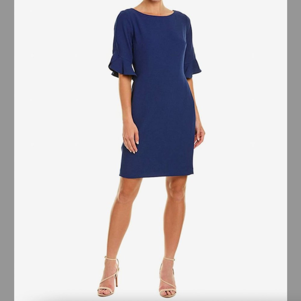 KARL LAGERFELD | Paris Tulip Sleeve Crepe Sheath Dress Navy Blue Size 6 NWOT